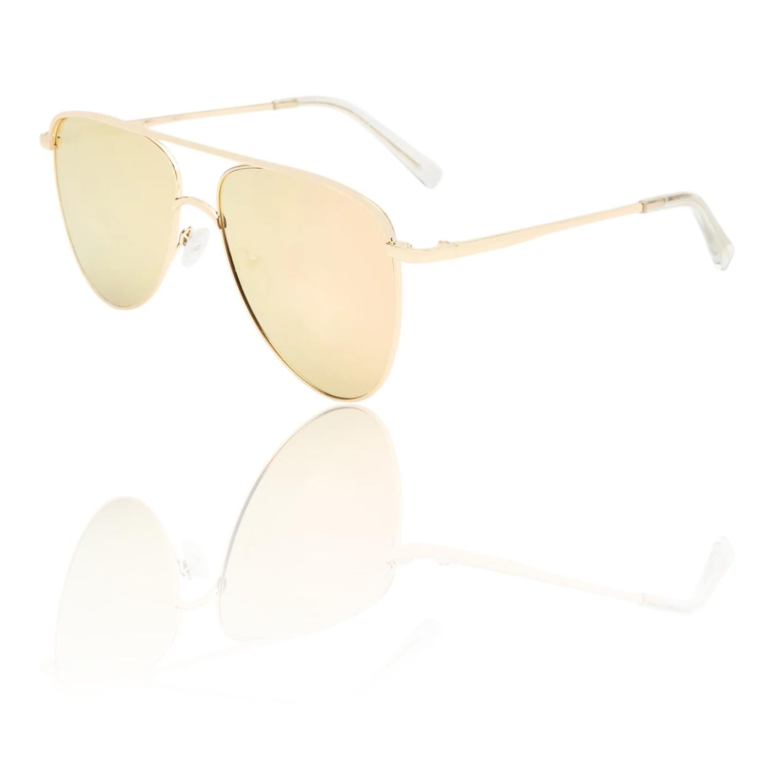 Gold sunglasses with a reflective surface on a white background