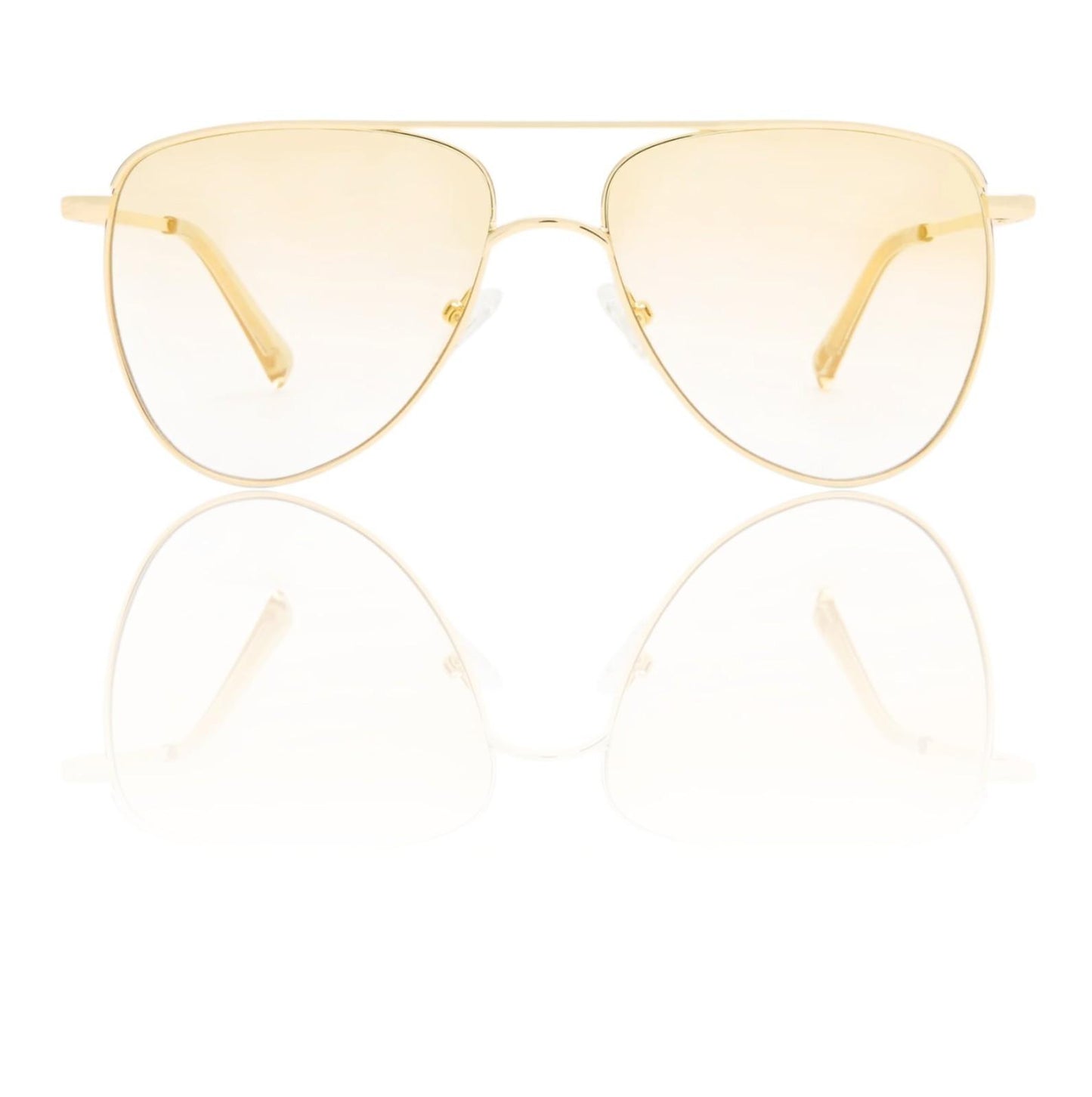 Gold-framed sunglasses with yellow-tinted lenses on a white background