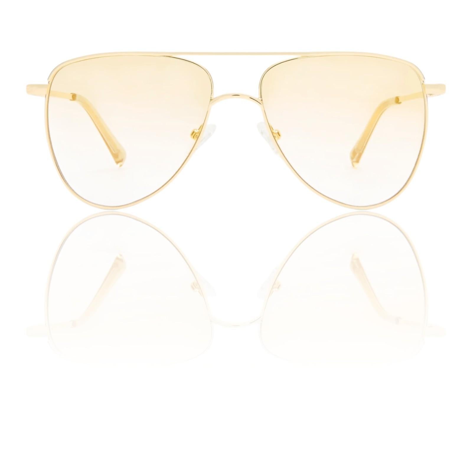 Gold-framed sunglasses with yellow-tinted lenses on a white background