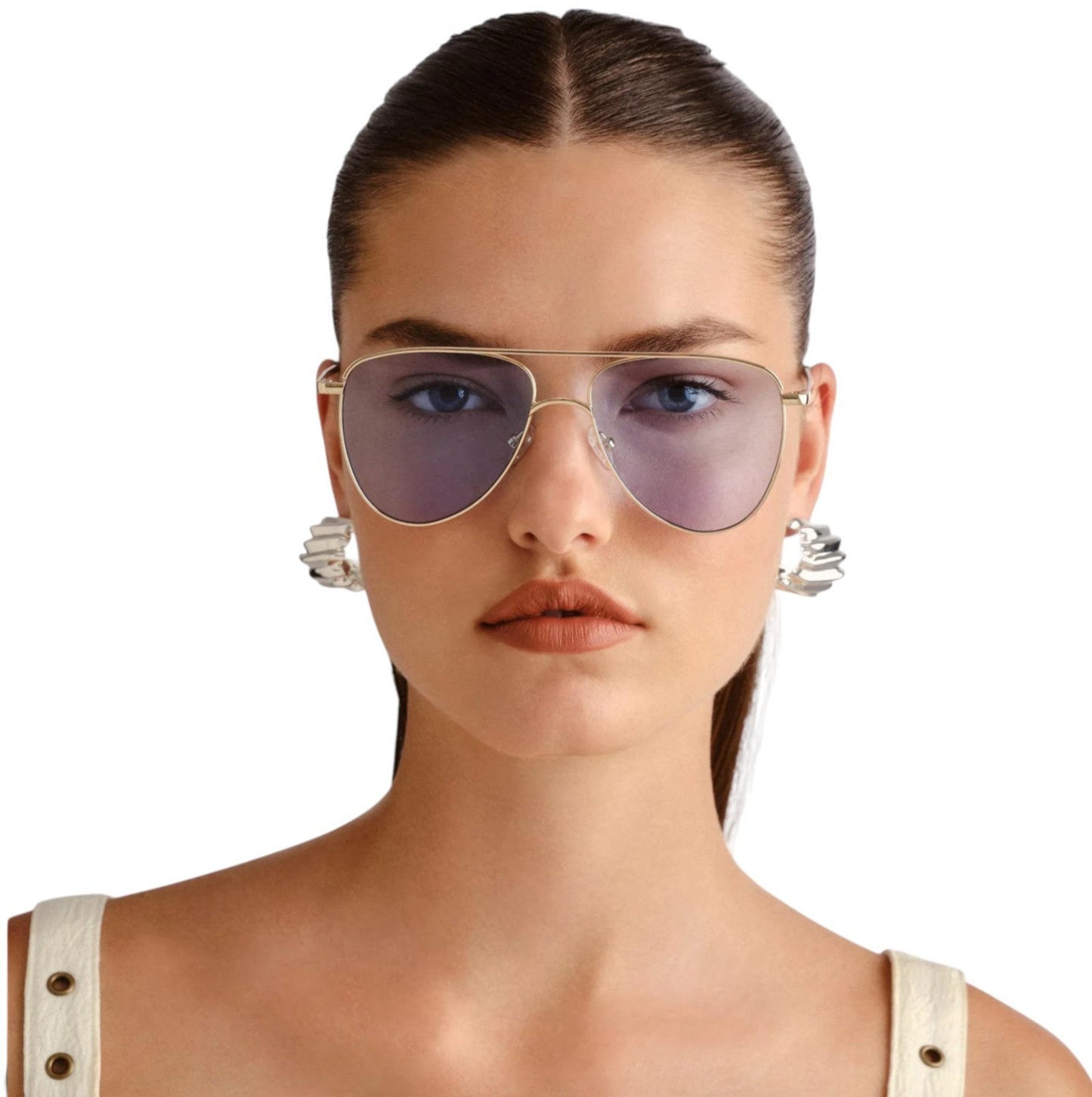 Woman wearing sunglasses with a plain background