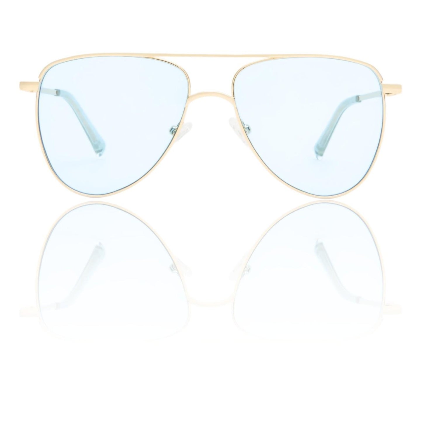 Gold-framed sunglasses with light blue lenses on a white background