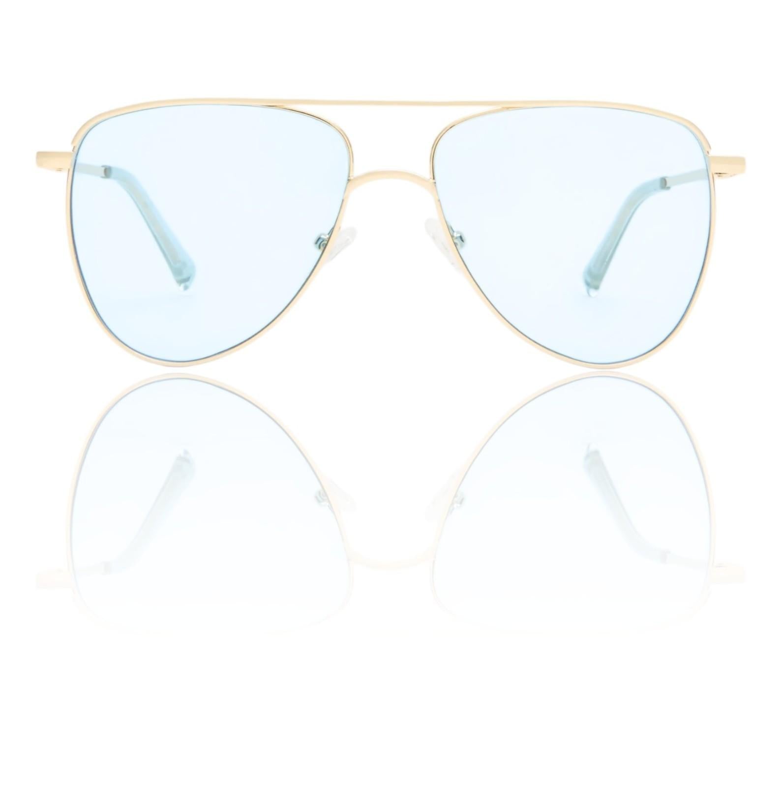 Gold-framed sunglasses with light blue lenses on a white background