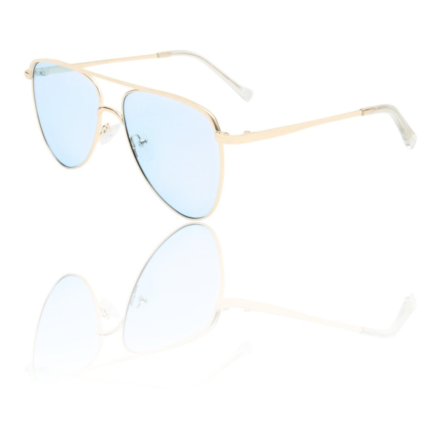 Gold-framed sunglasses with blue lenses on a white background