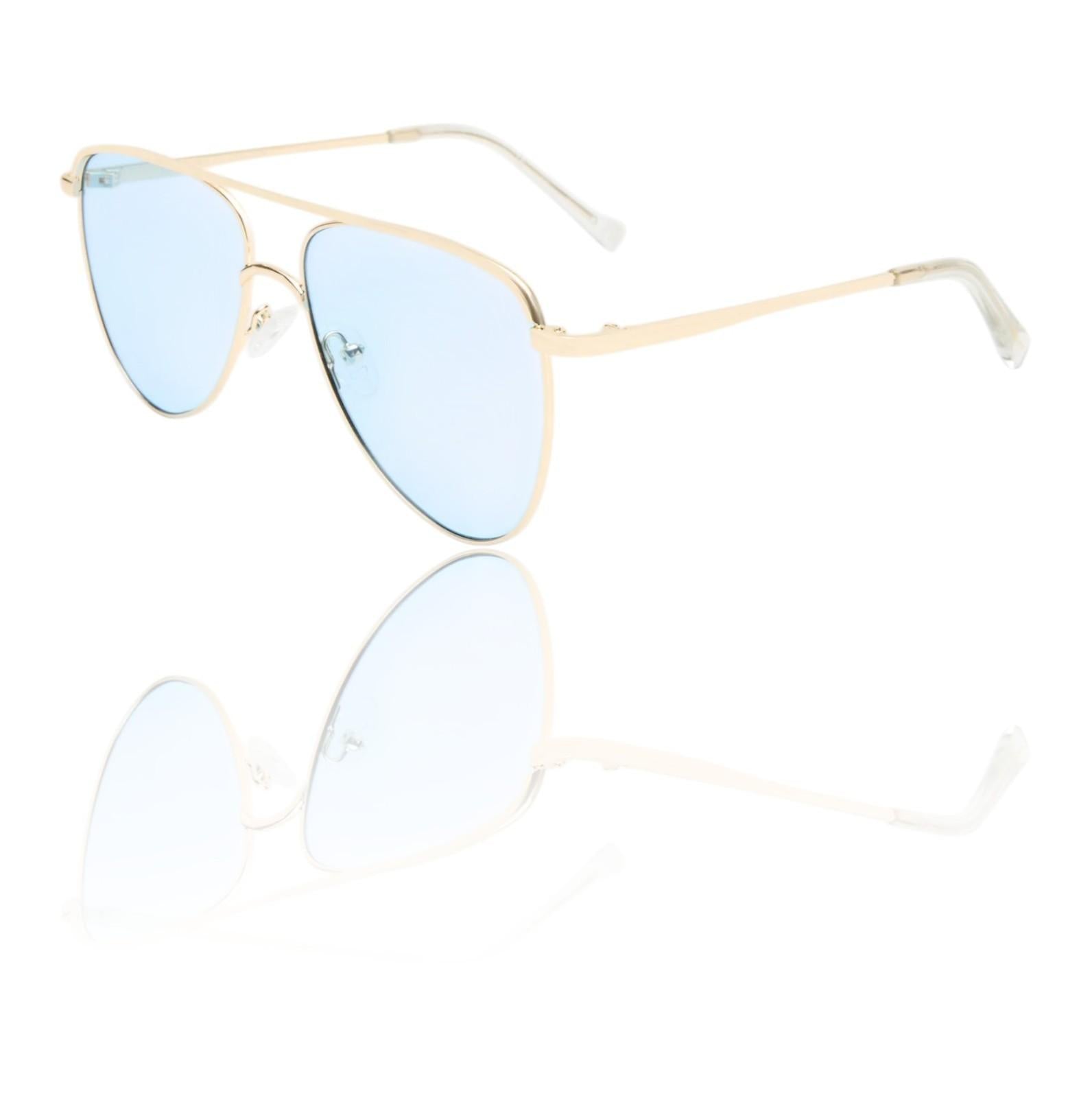 Gold-framed sunglasses with blue lenses on a white background