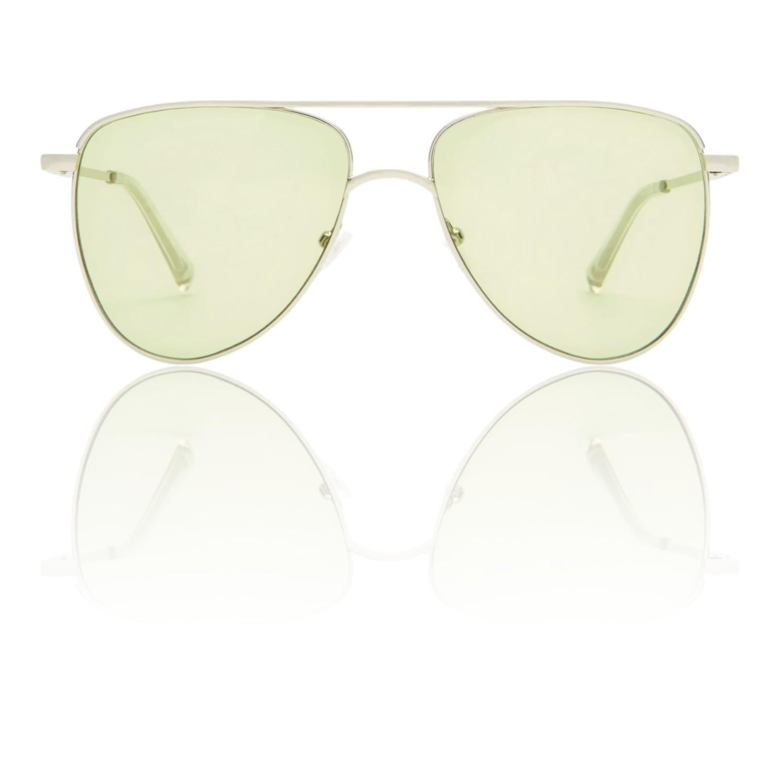 Aviator sunglasses with green lenses on a white background