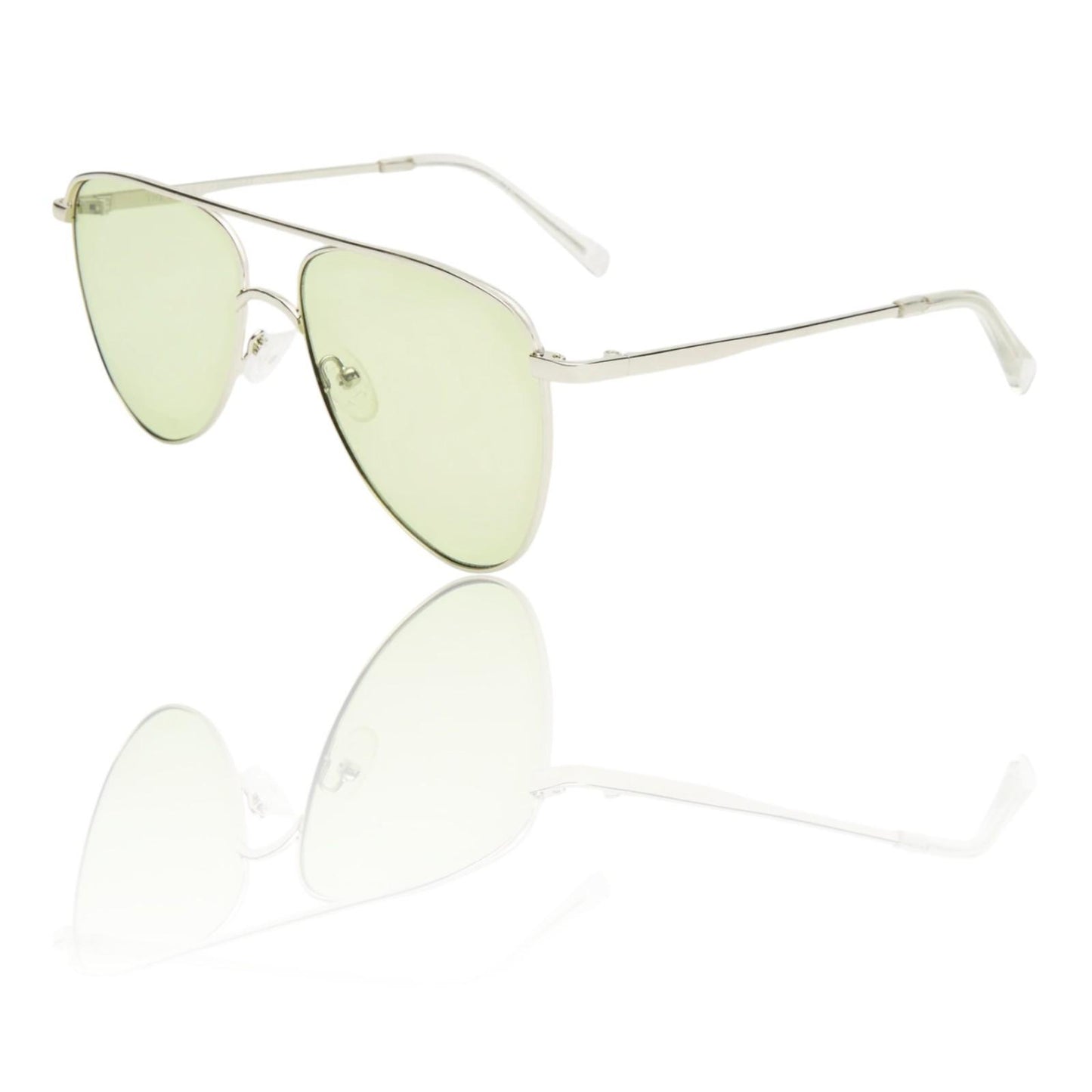 Sunglasses with green lenses and silver frames on a white background