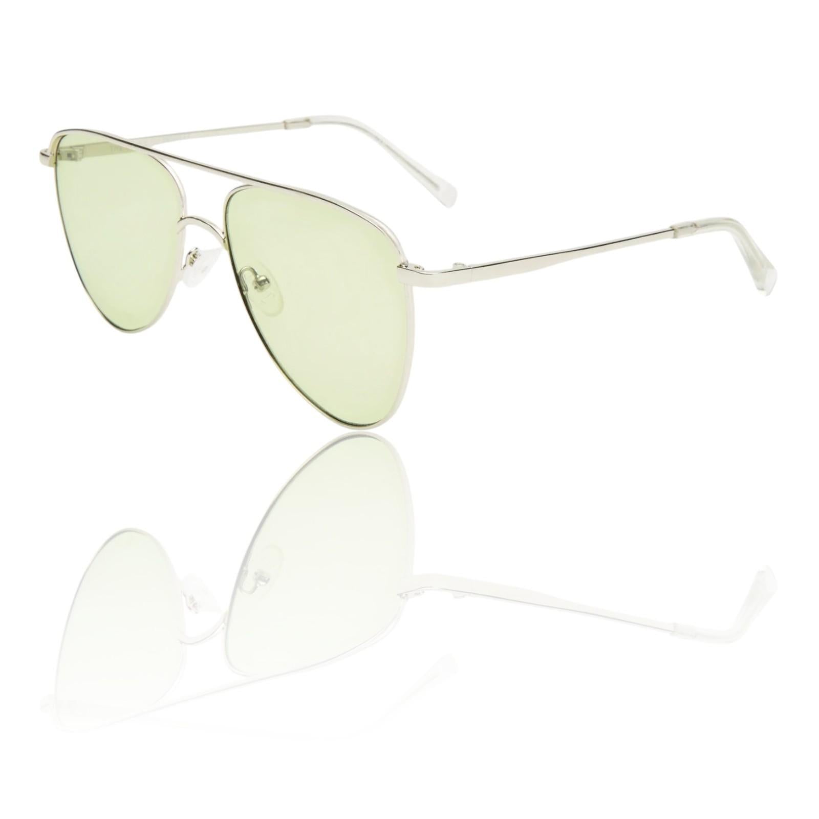 Sunglasses with green lenses and silver frames on a white background