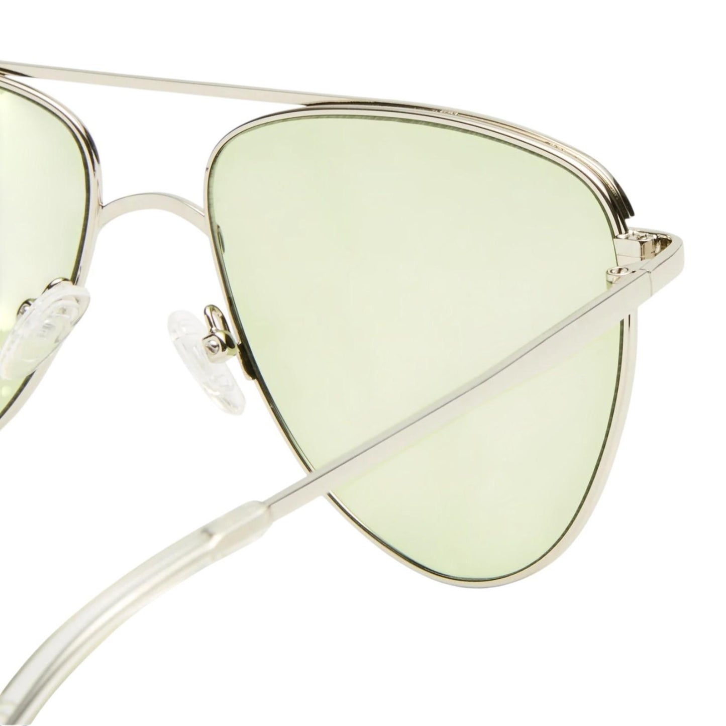 Sunglasses with green lenses and gold frames on a white background