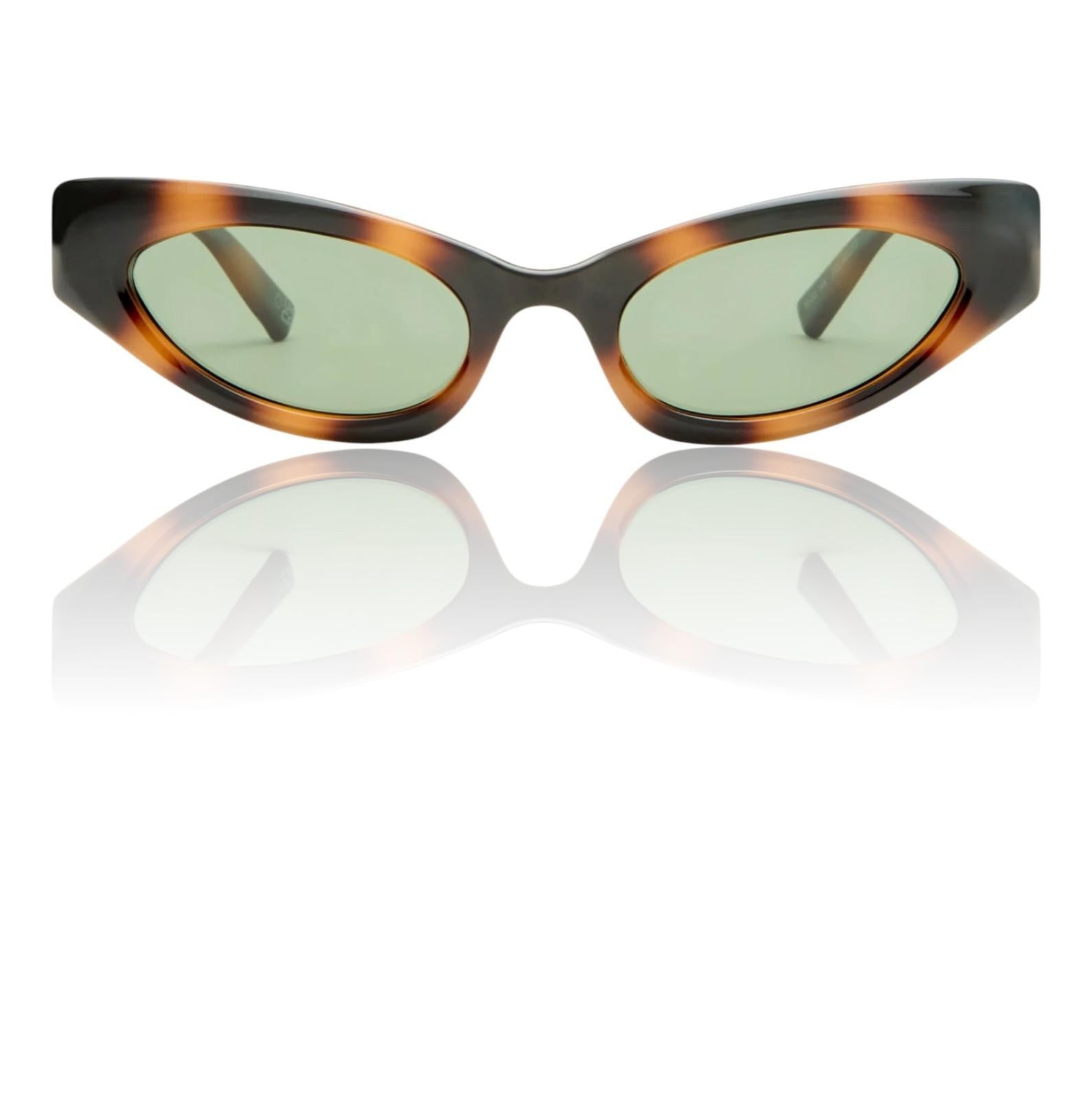 Sunglasses with tortoiseshell frame and green lenses on a white background
