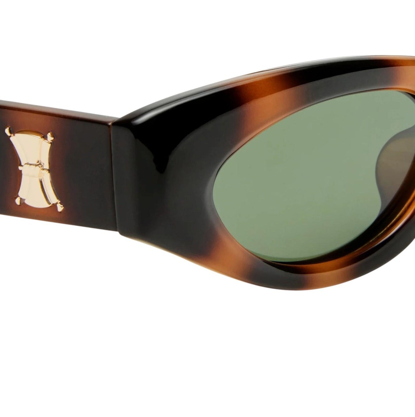 Sunglasses with tortoiseshell frame and green lens on a white background