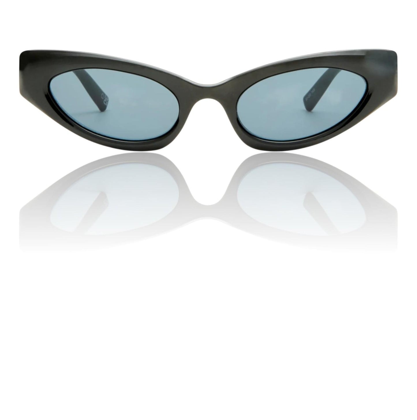 Black cat-eye sunglasses with blue lenses on a white background