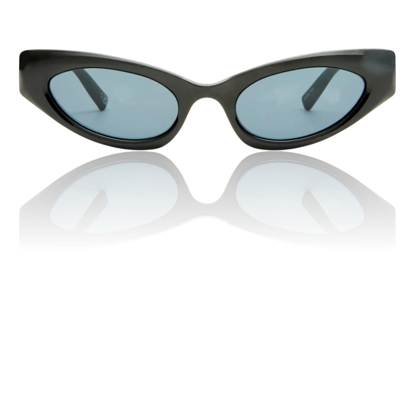 Black cat-eye sunglasses with blue lenses on a white background