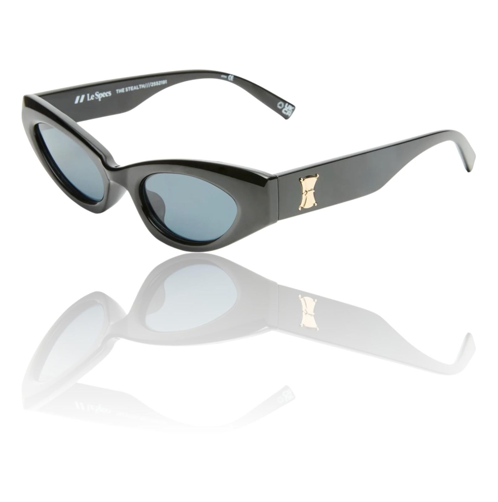 Black cat-eye sunglasses with a reflective surface on a white background