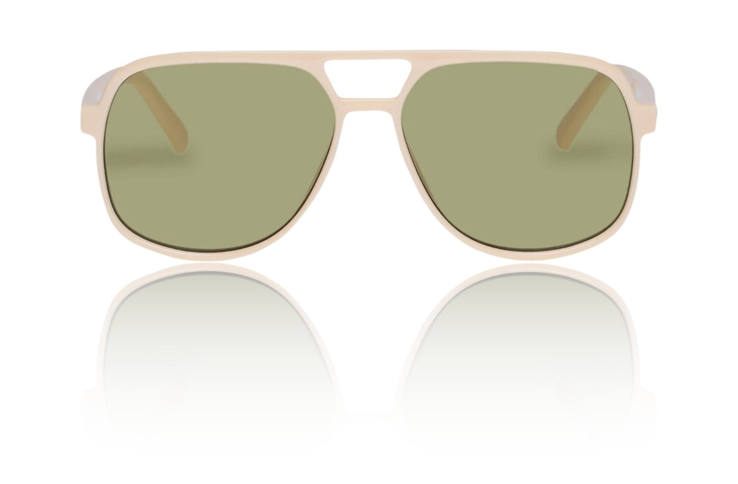 Aviator sunglasses with gold frame and green lenses on a white background