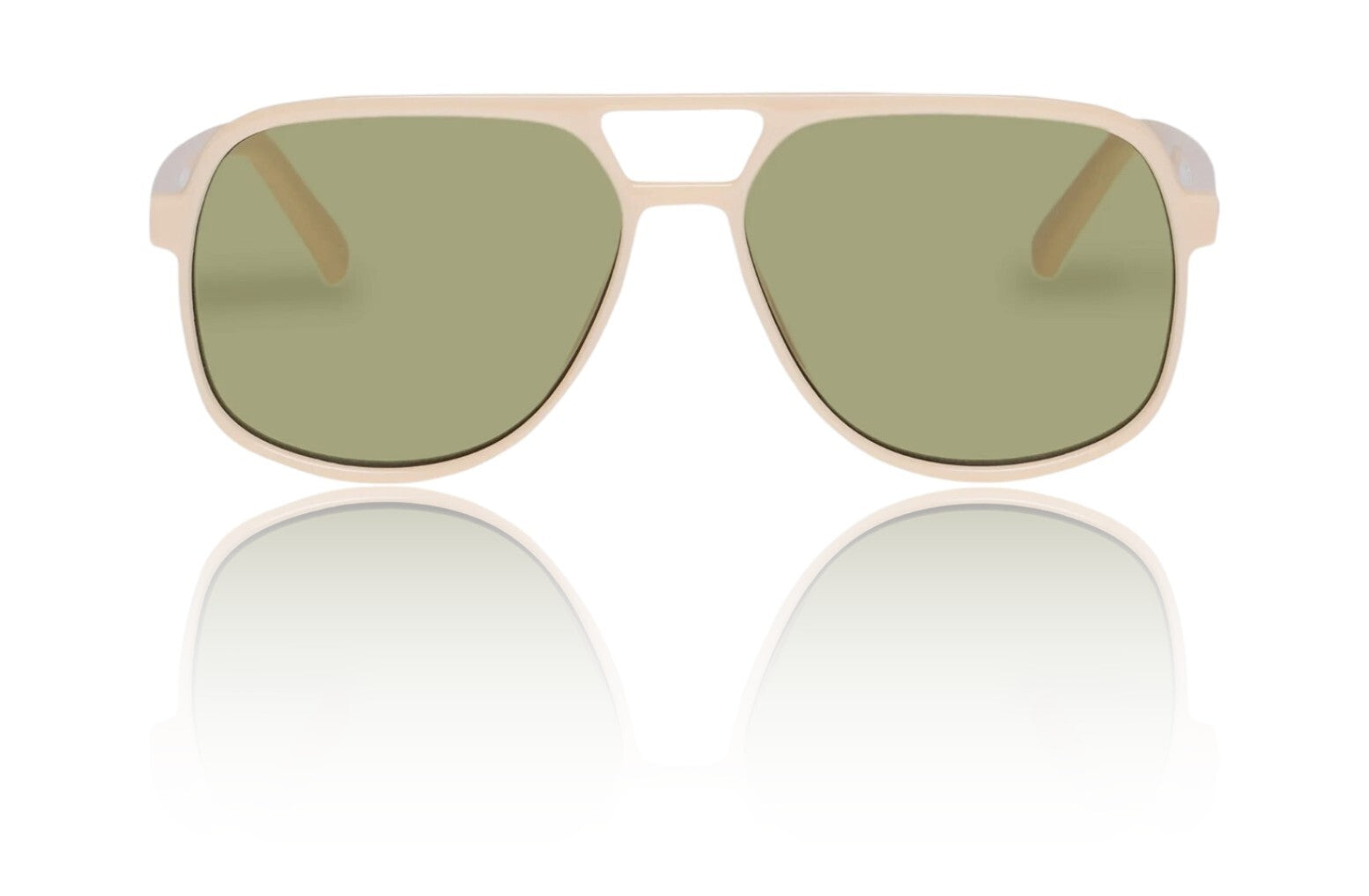 Aviator sunglasses with gold frame and green lenses on a white background