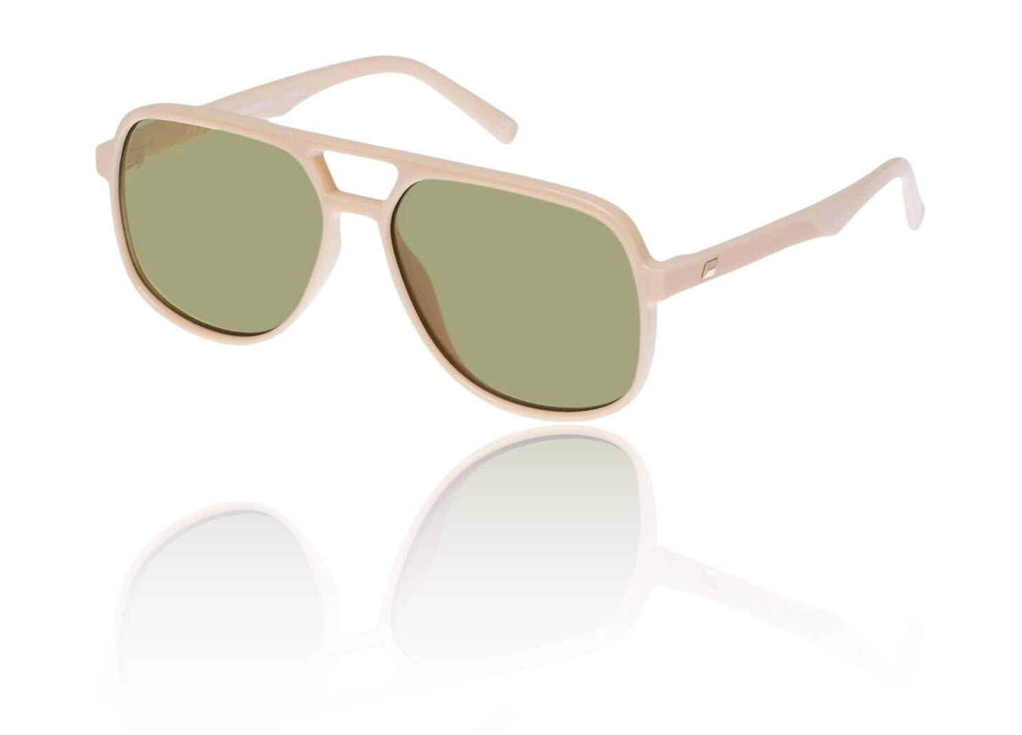 Sunglasses with beige frame and green lenses on a white background