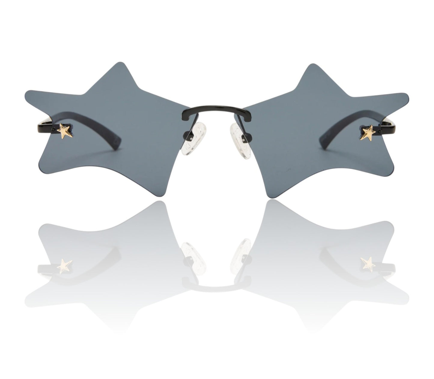 Star-shaped sunglasses with a reflective surface on a white background