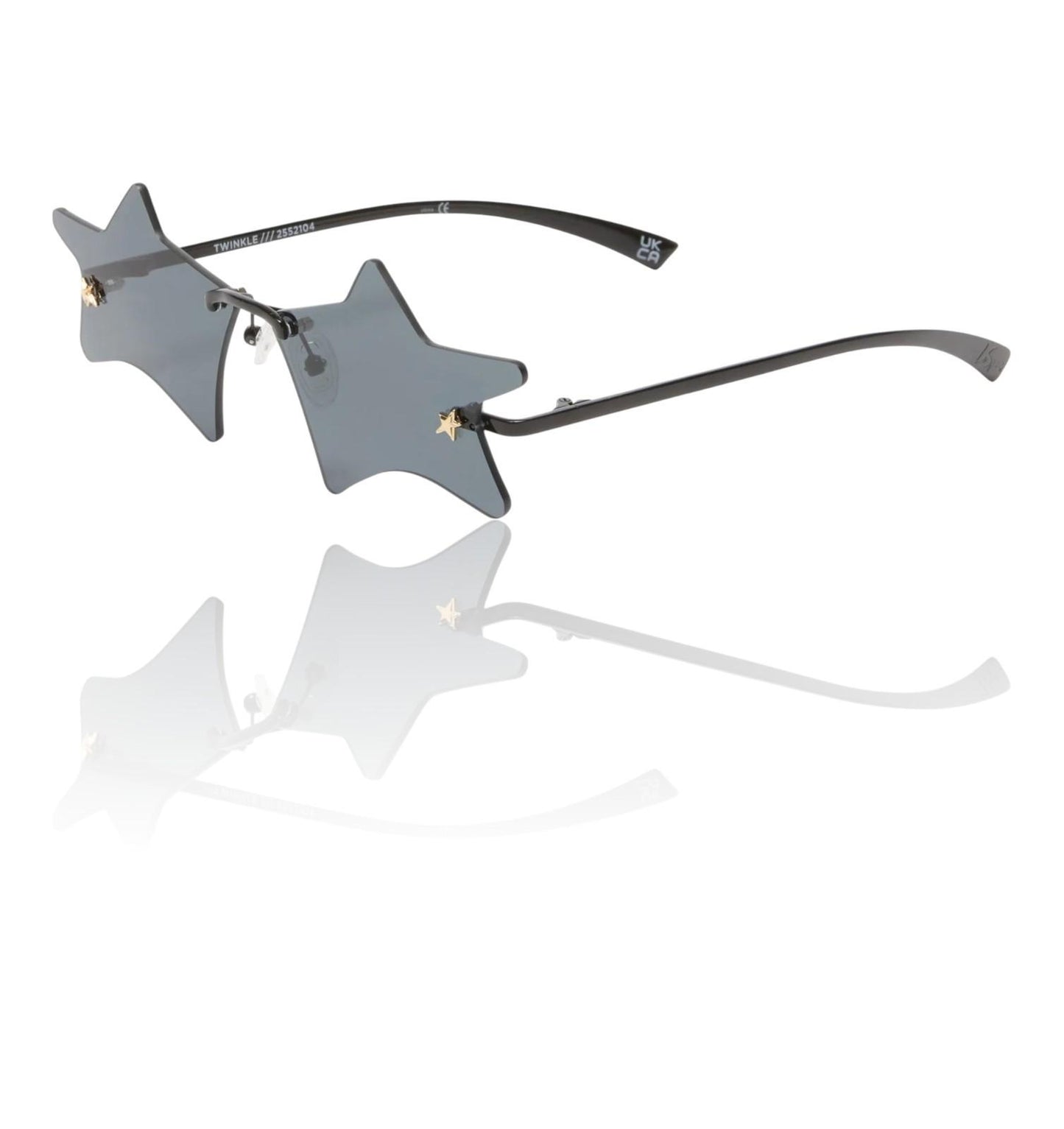 Star-shaped sunglasses with gray lenses on a white background
