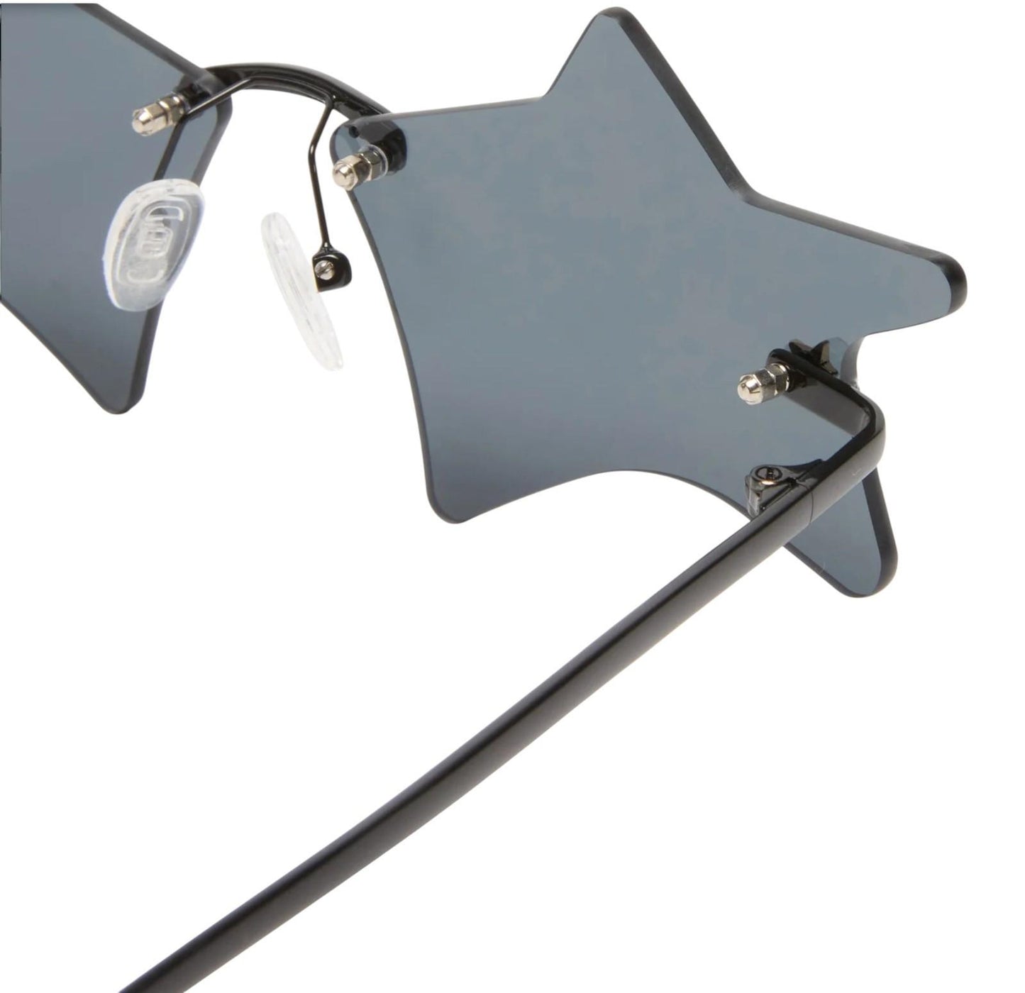 Star-shaped sunglasses with black frame and gray lenses on a white background