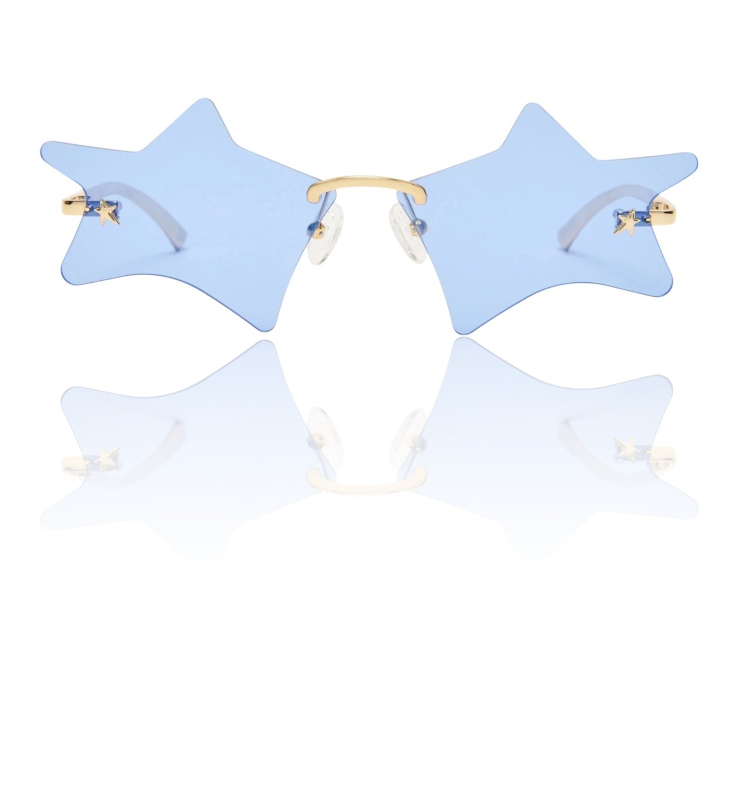 Star-shaped sunglasses with light blue lenses on a white background