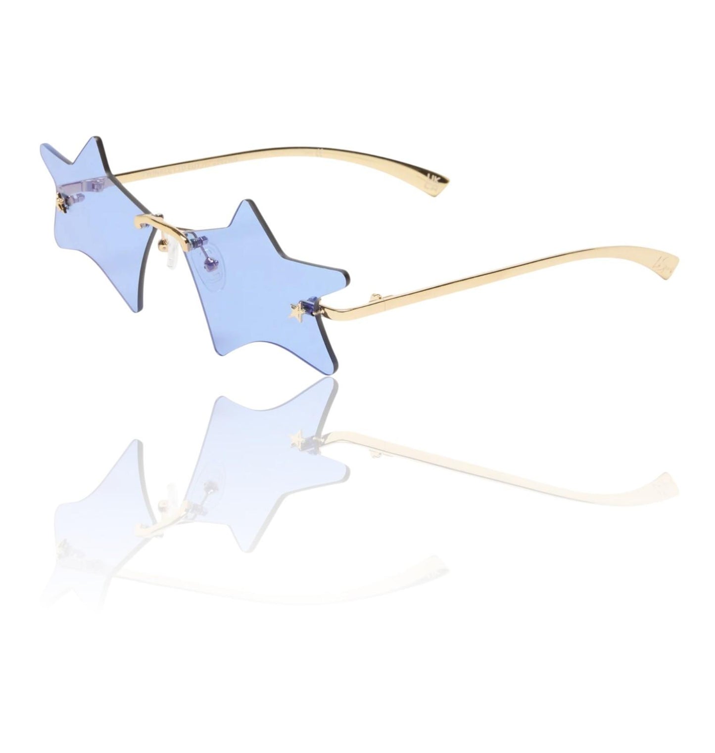 Star-shaped sunglasses with gold frame and blue lenses on a white background