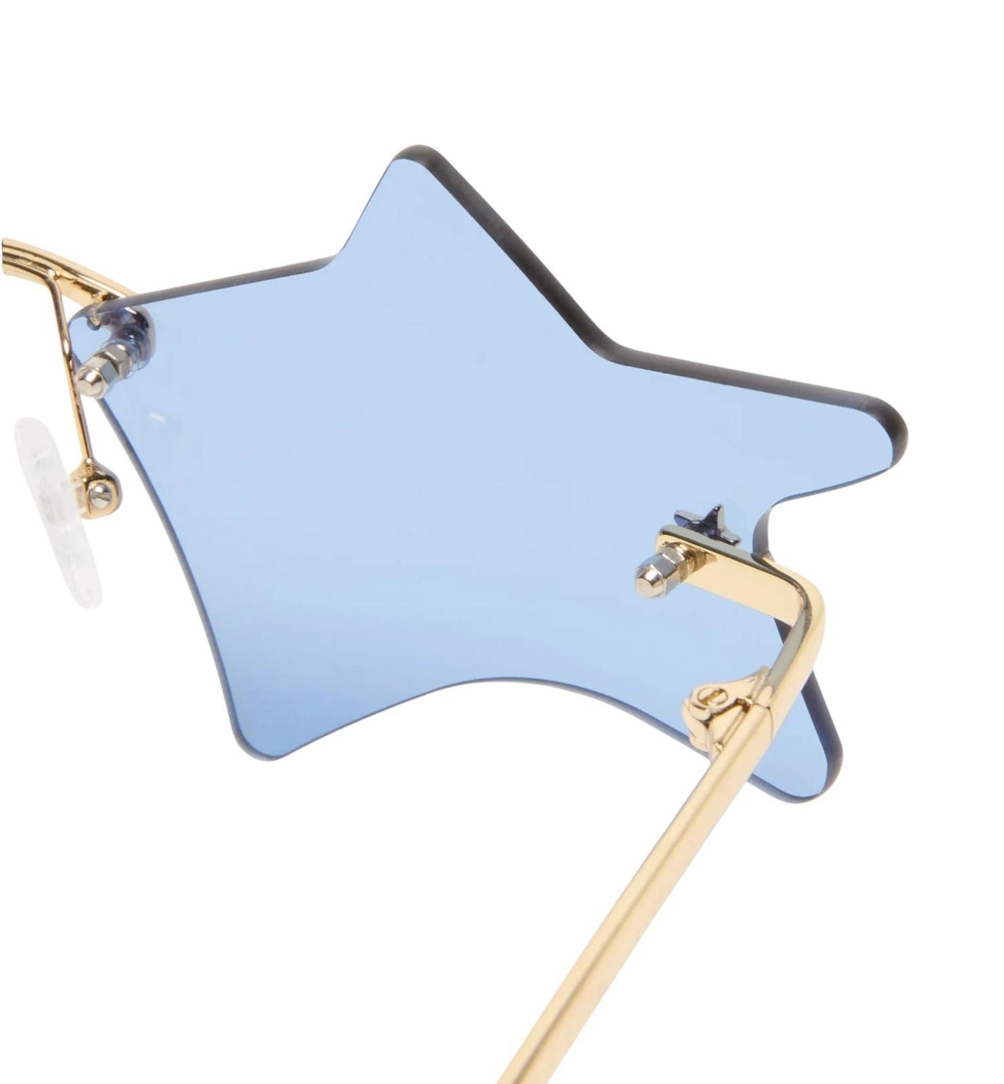Star-shaped sunglasses with blue lenses and gold frames on a white background