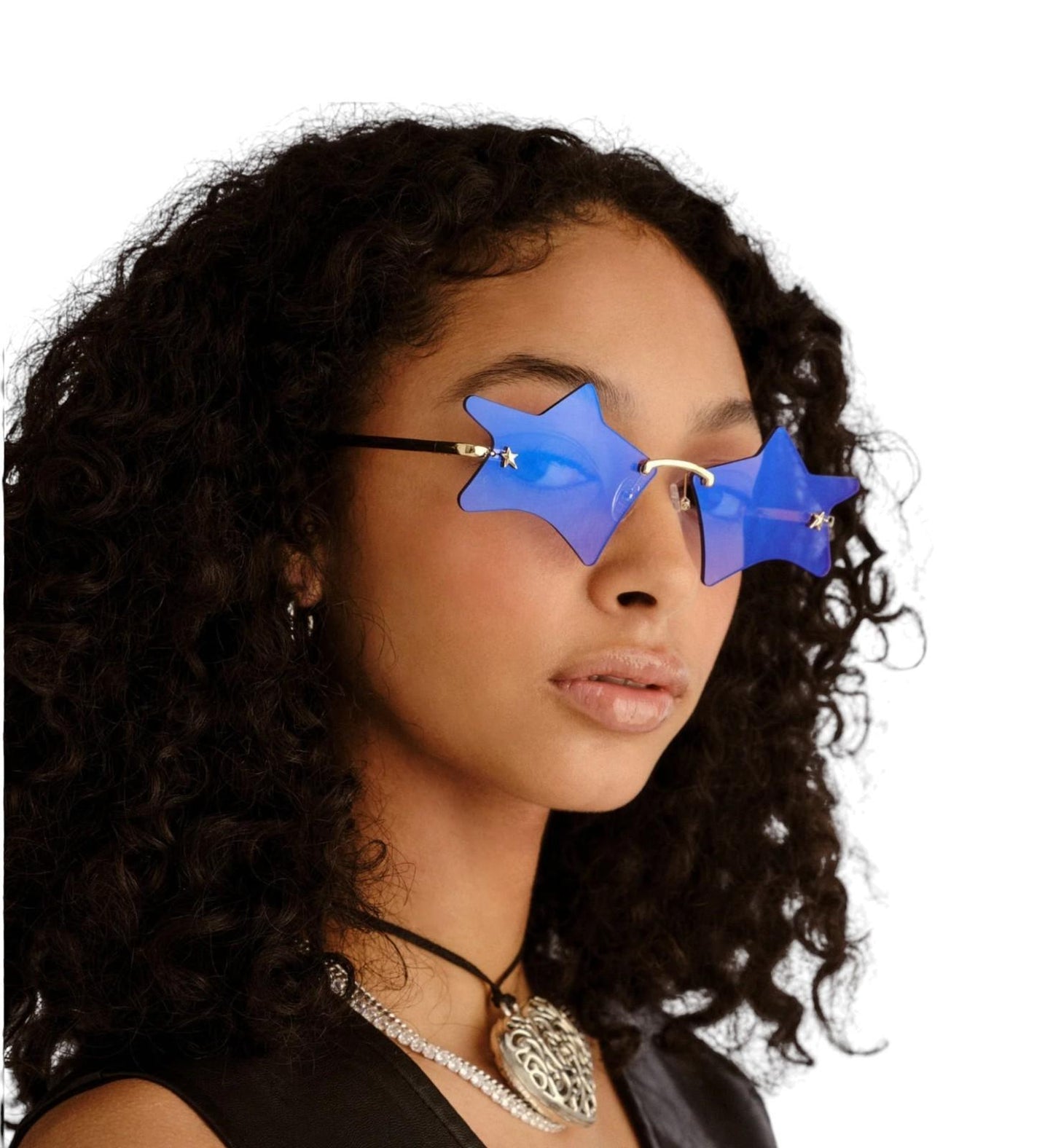 Person wearing blue star-shaped sunglasses on a white background