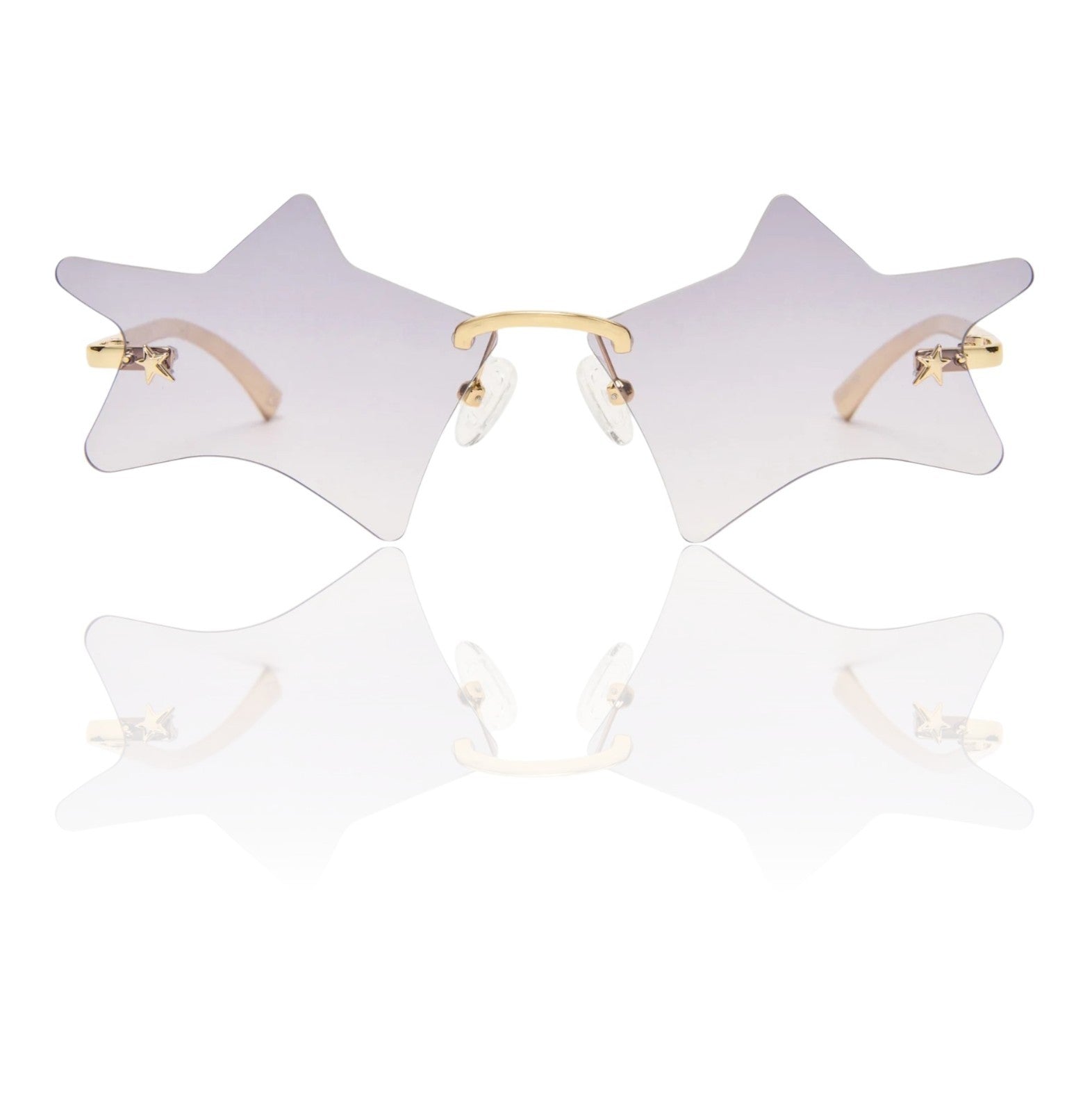 Star-shaped sunglasses with gold frames on a white background