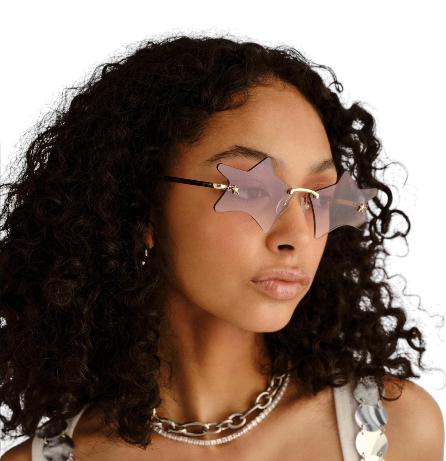 Person wearing star-shaped sunglasses with a neutral background
