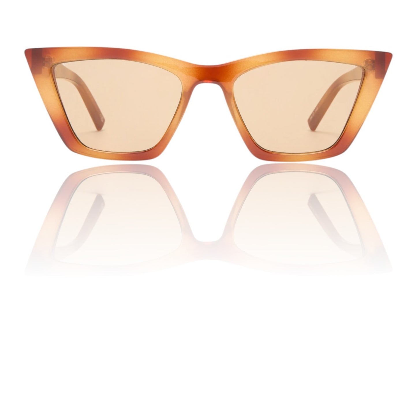 Cat-eye sunglasses with tortoiseshell frame and brown lenses on a white background