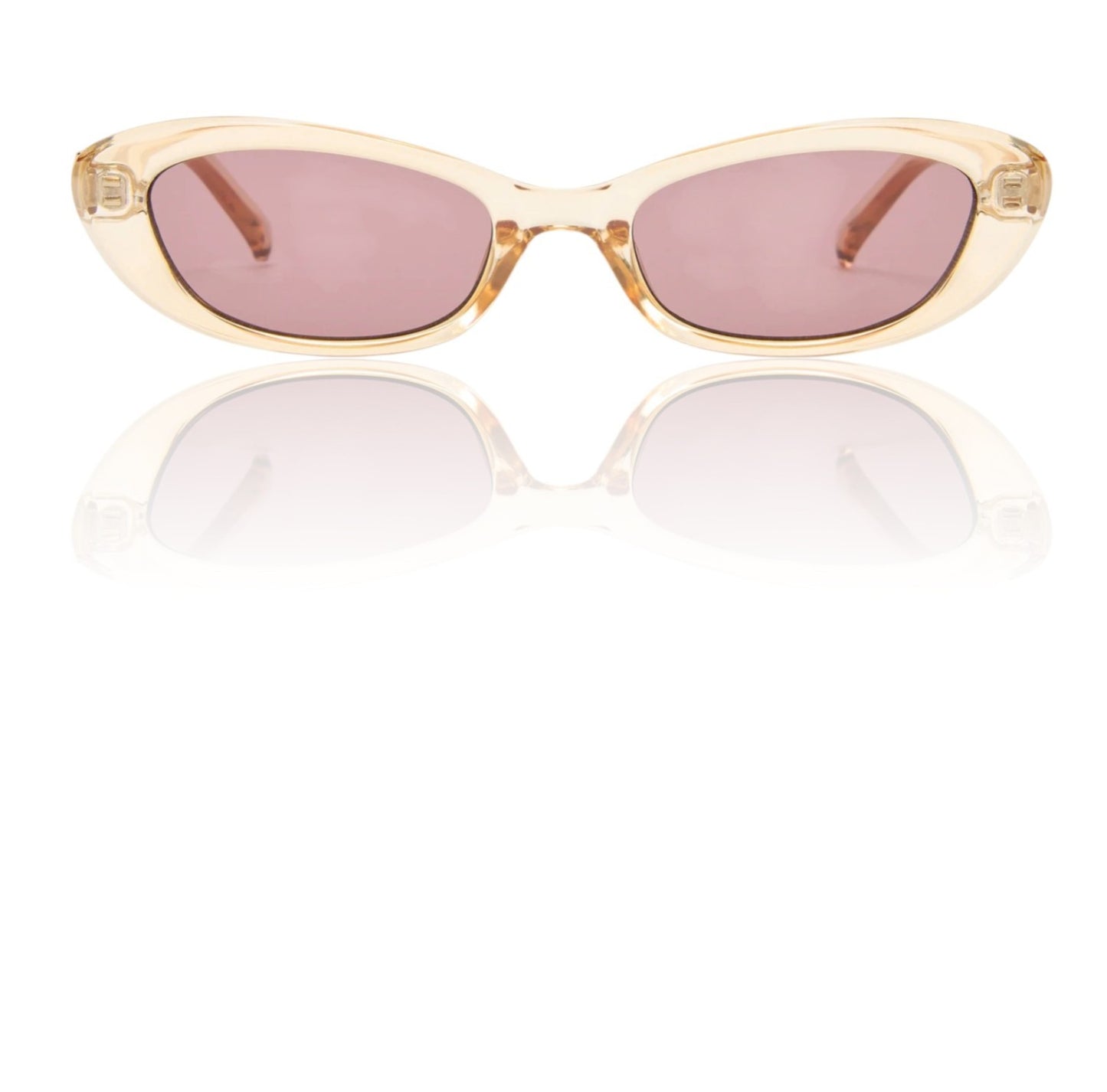Gold-framed sunglasses with pink lenses on a white background