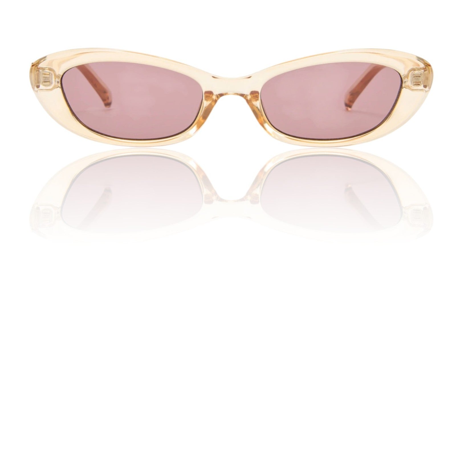 Gold-framed sunglasses with pink lenses on a white background