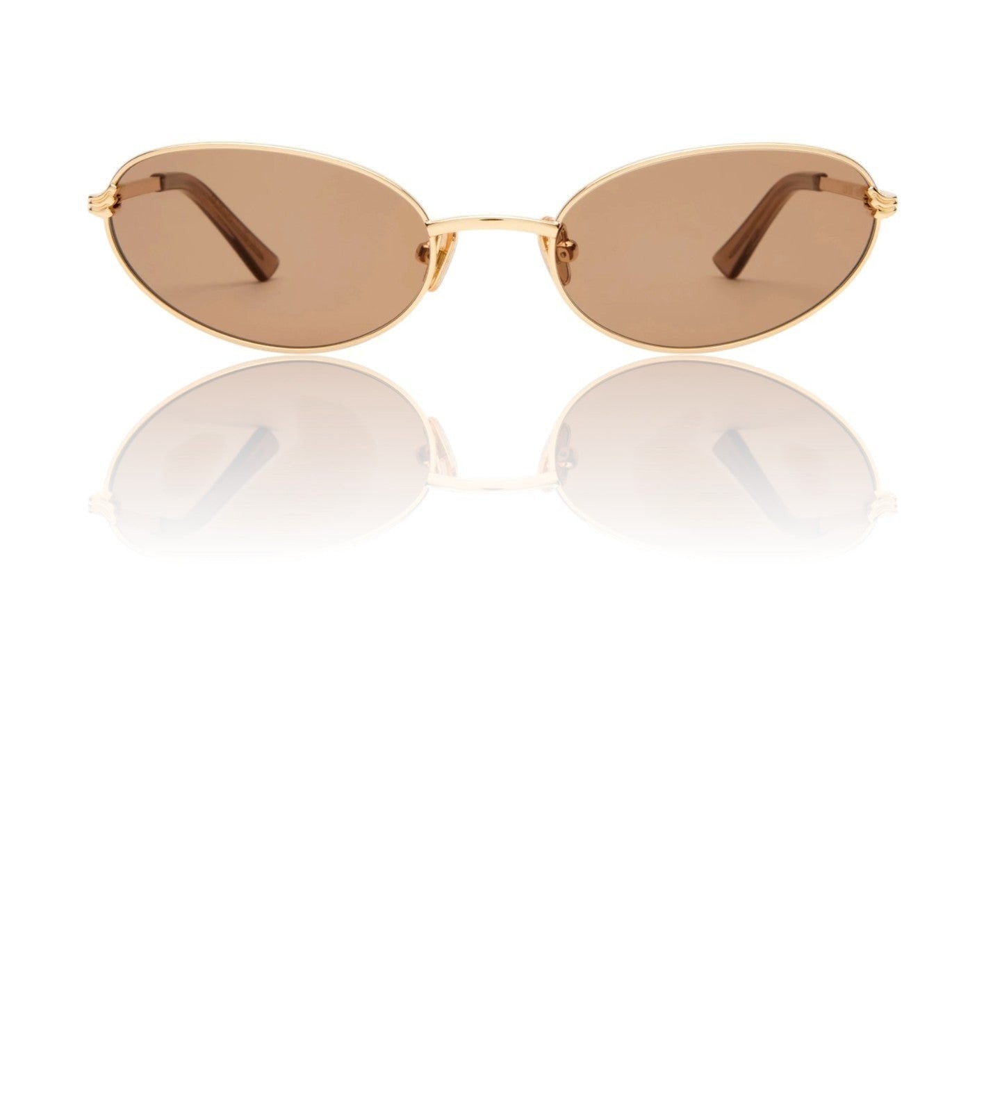 Naked Pear Luv Lou The Rose cat-eye sunglasses featuring a gold metal frame and tan mono lenses.