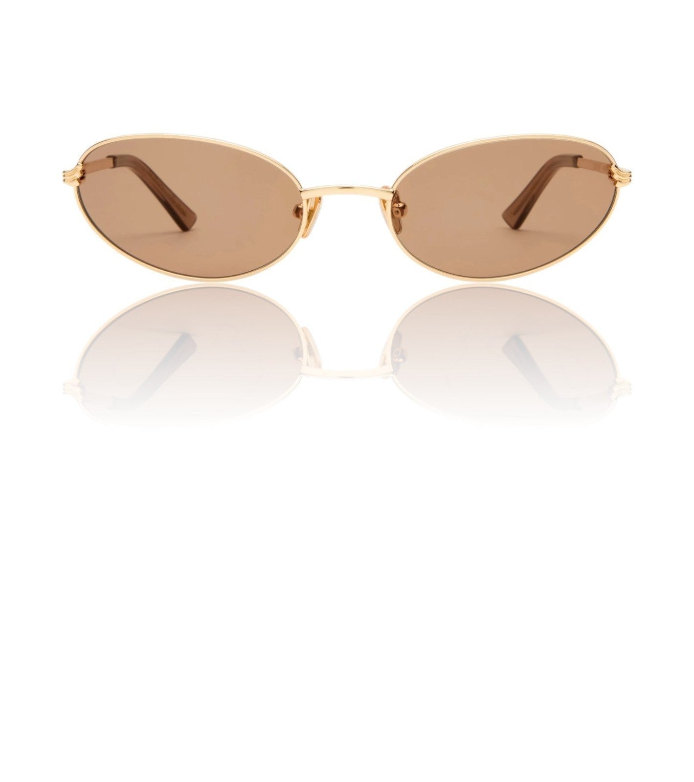 Naked Pear Luv Lou The Rose sunglasses featuring a gold cat-eye metal frame and tan mono lenses.