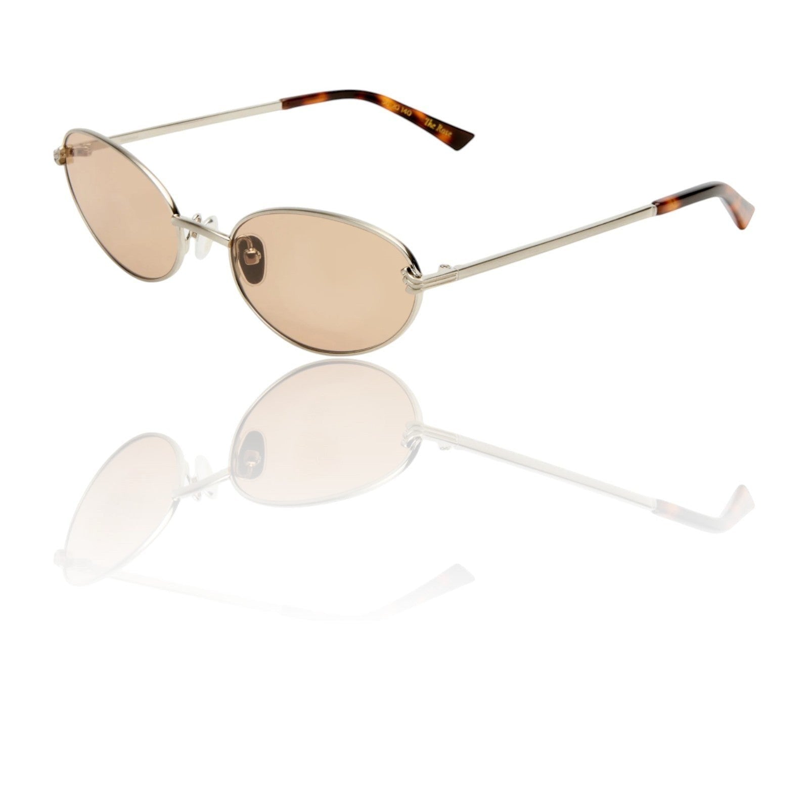 Naked Pear Luv Lou The Rose cat-eye sunglasses with brushed silver metal frames and tan mono lenses.