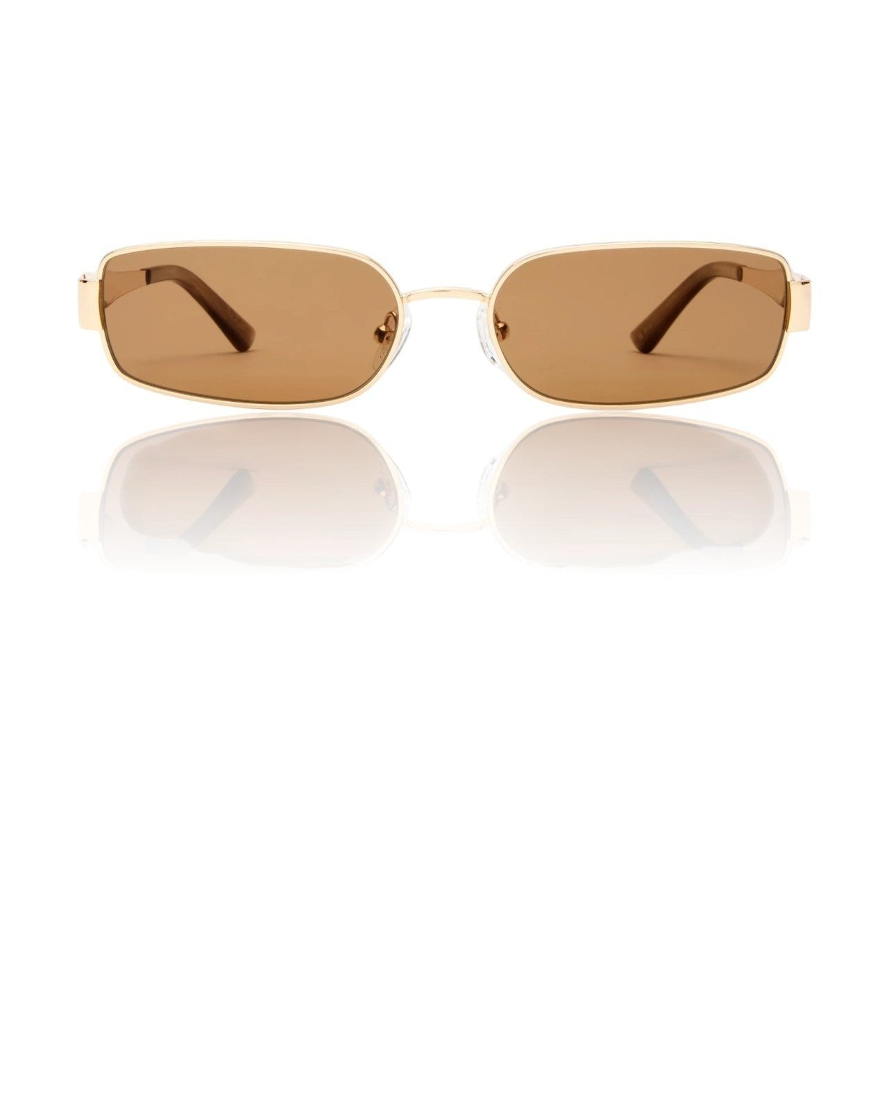 Naked Pear Luv Lou The Ryan rectangular sunglasses with gold metal frames and brown polarised lenses.