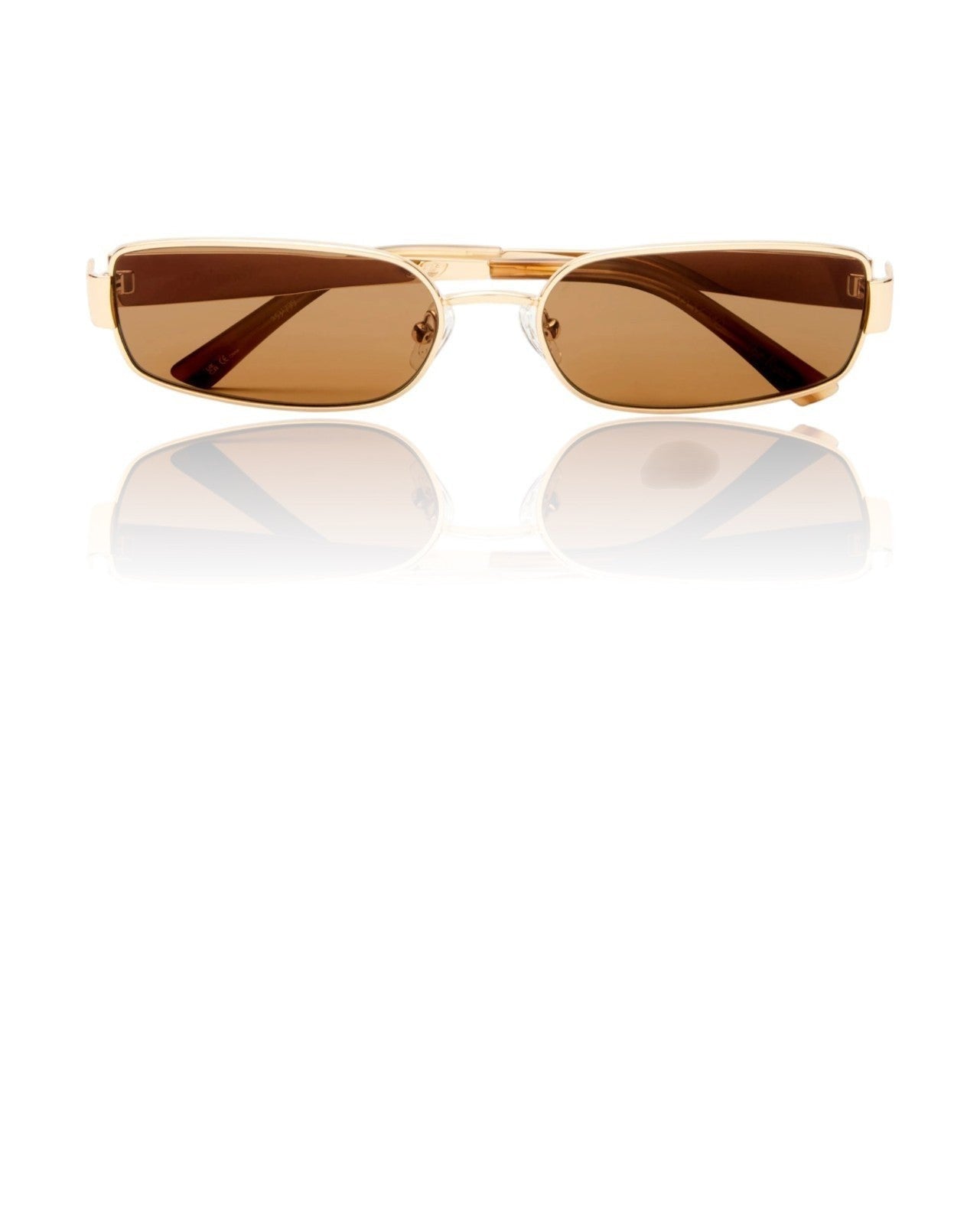 Naked Pear Luv Lou The Ryan rectangular sunglasses featuring a gold metal frame and brown polarised lenses.