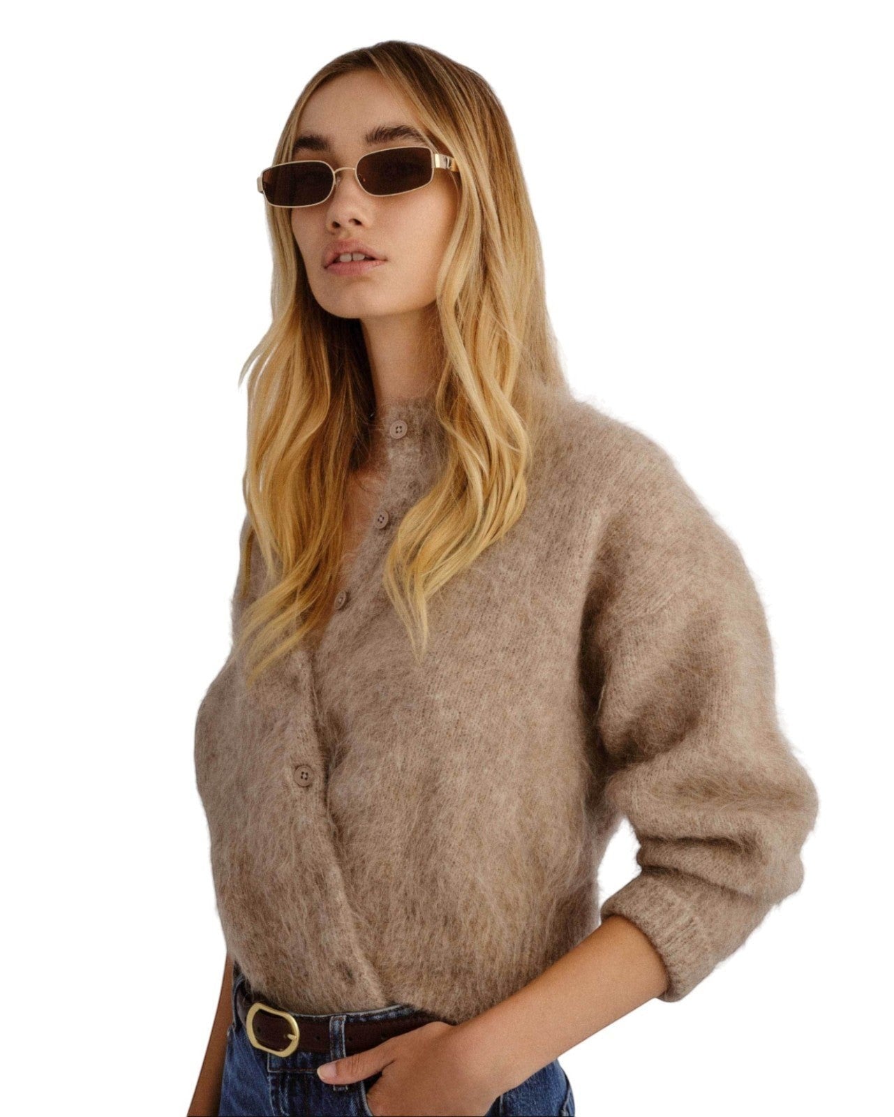 Model wearing Naked Pear Luv Lou The Ryan rectangular gold metal sunglasses with brown polarised lenses