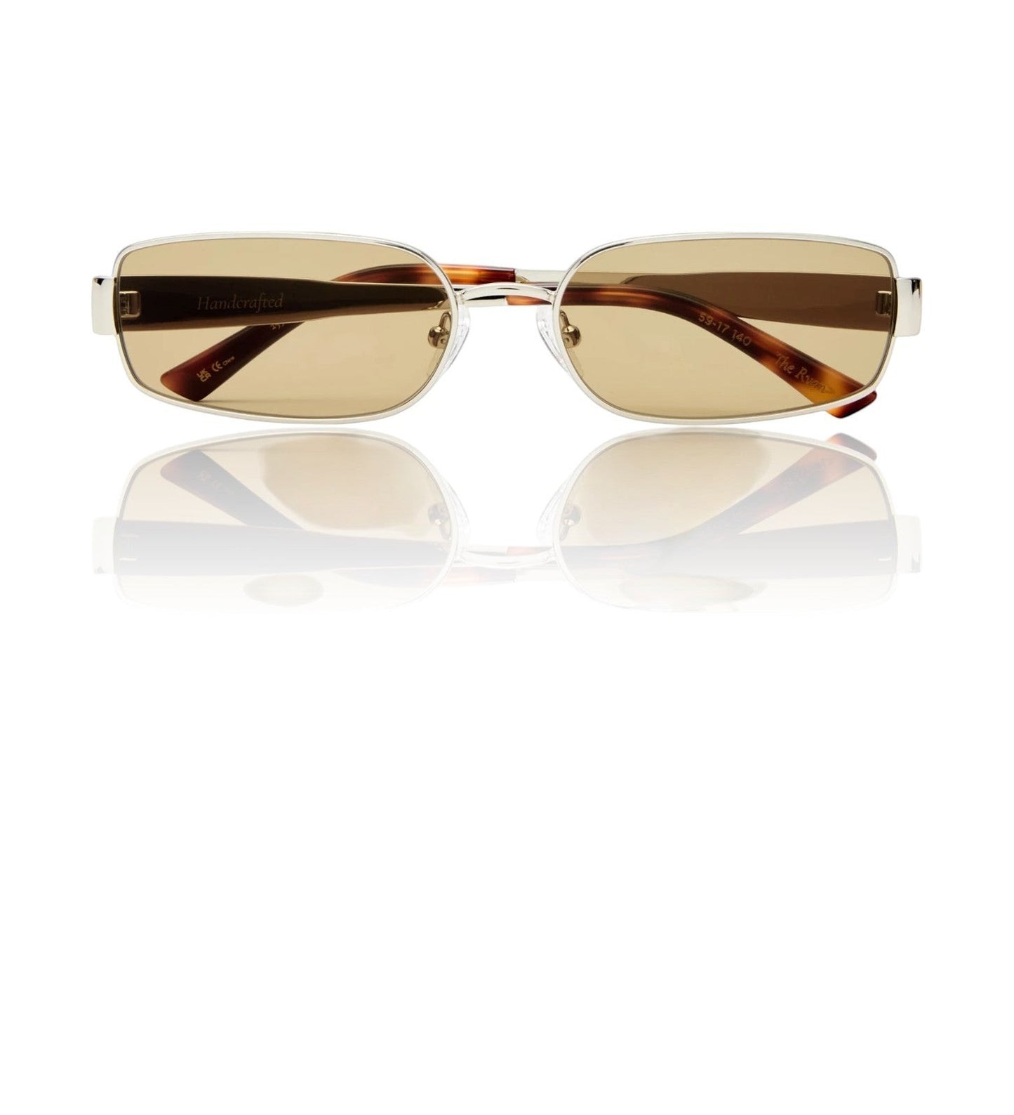 Naked Pear LuvLou The Ryan rectangular sunglasses with silver metal frames and khaki green lenses.