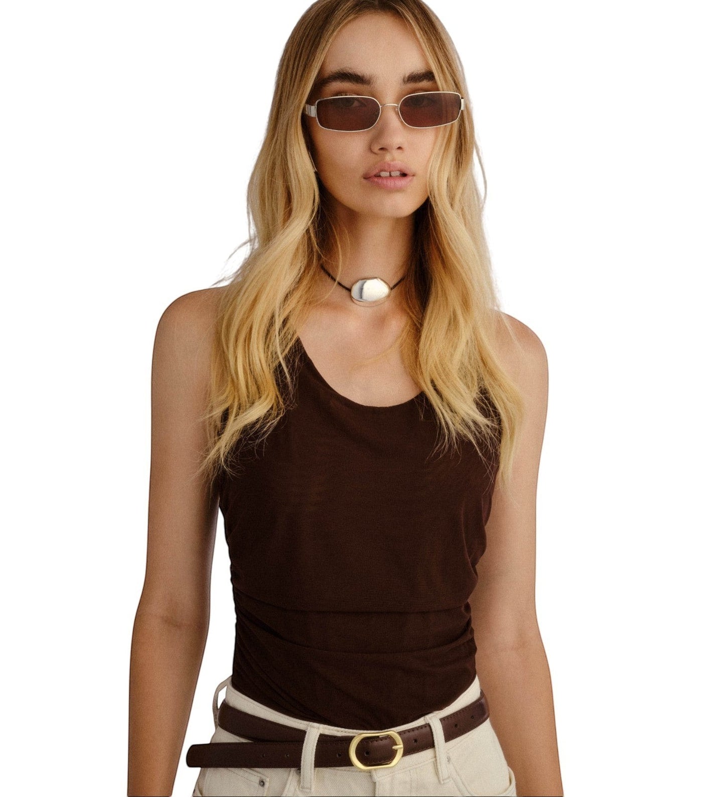 Naked Pear Luv Lou The Ryan rectangular silver metal sunglasses with khaki lenses worn by a blonde model