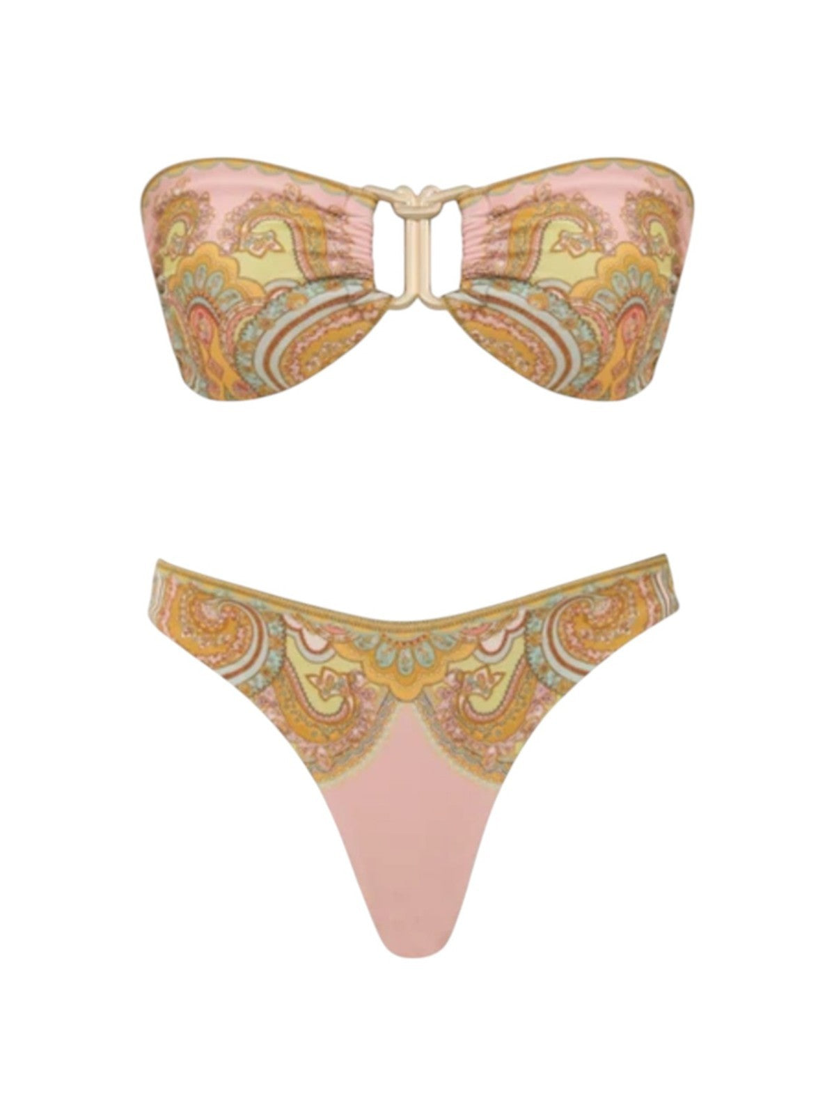Bikini set with pink and yellow paisley pattern on a white background