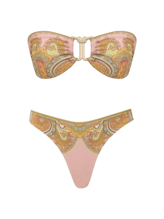 Bikini set with pink and yellow paisley pattern on a white background