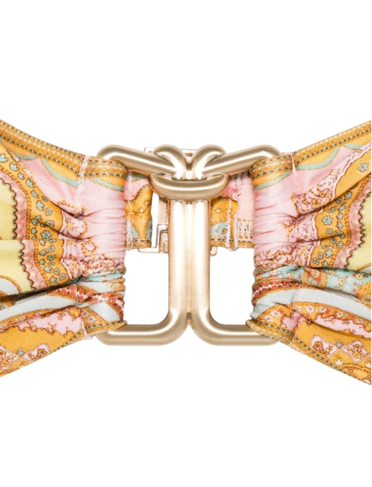 Decorative belt with floral pattern and gold buckle on a white background