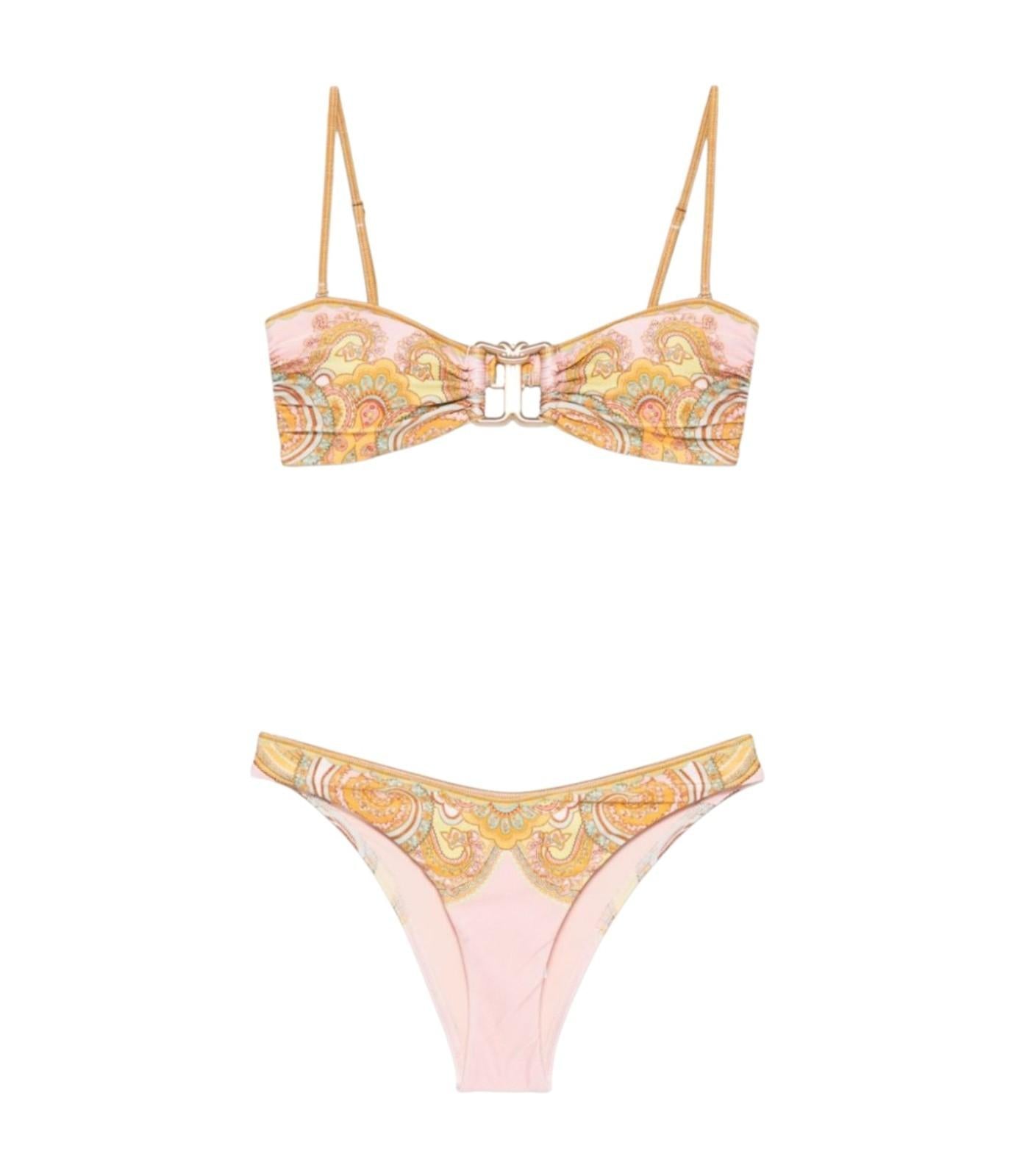 Two-piece swimsuit with paisley pattern on a white background