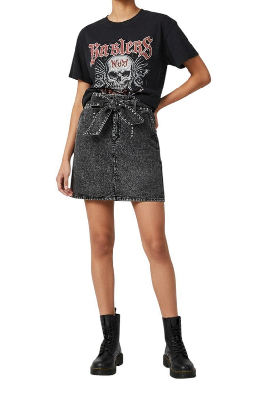 AI generated image of Person wearing a black graphic t-shirt, denim skirt, and black boots on a white background