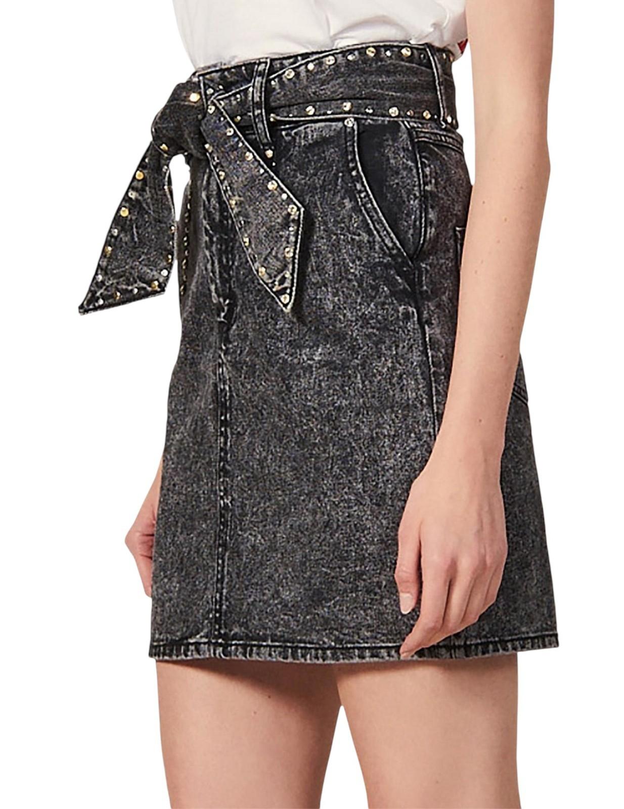 Black denim skirt with gold studs and a tie waist on a white background