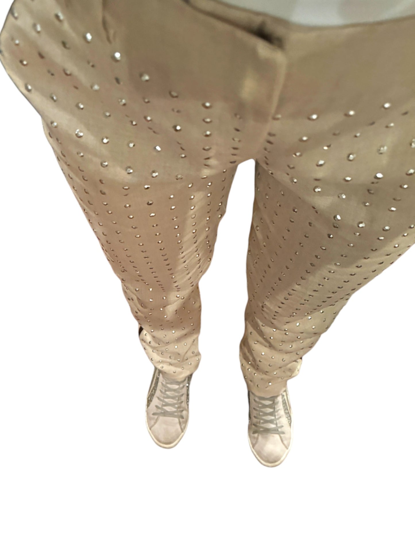 Sass & Bide Frame Mind Pants | Beige Linen, Allover Silver Studs, Sz 40; AU 10