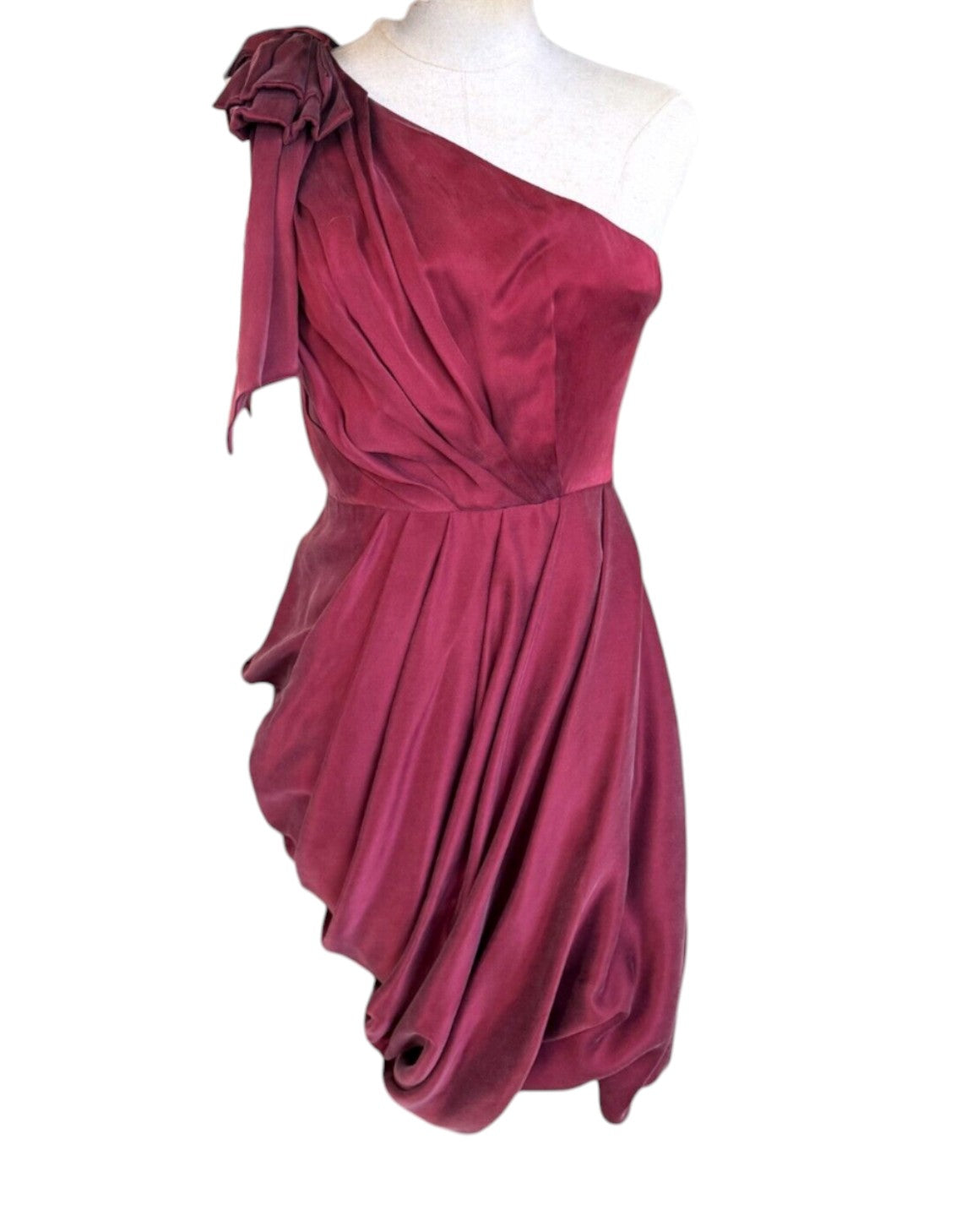 Zimmermann Bow Bodice Dress | Burgundy Mini Cocktail Draped | One Shoulder