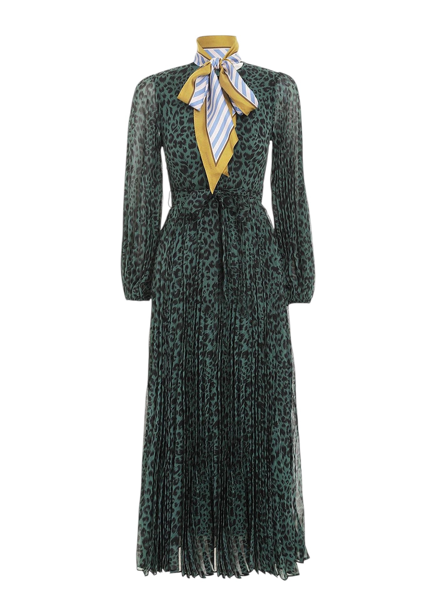 Zimmermann Sunray Long Sleeve Midi Dress | Green Animal Print, Silk Scarf Belt