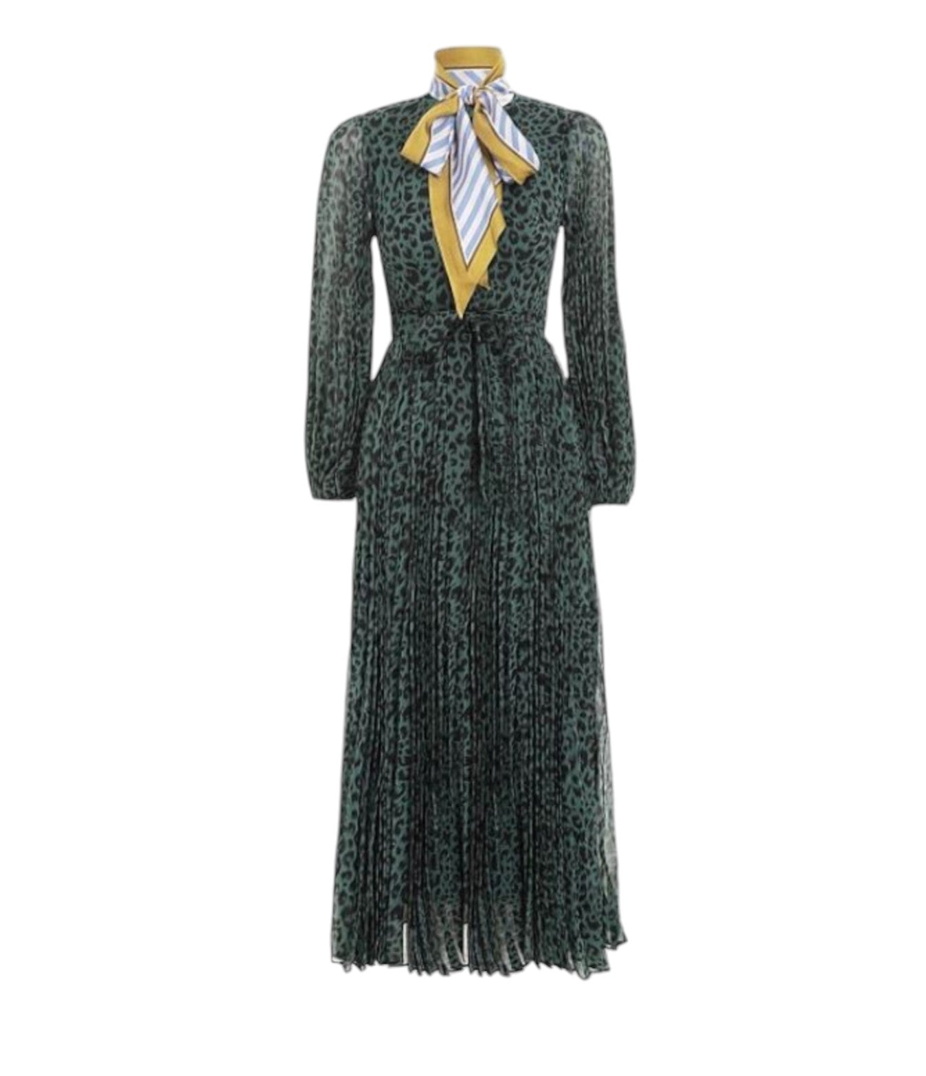 Zimmermann Sunray Long Sleeve Midi Dress | Green Animal Print, Silk Scarf Belt